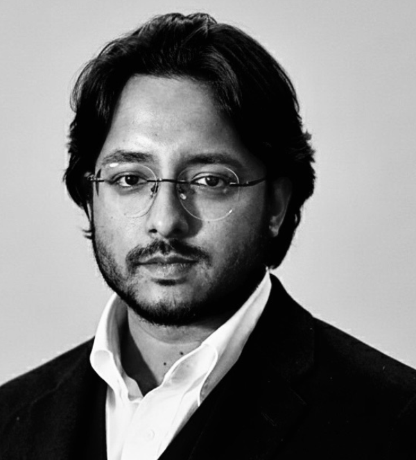 Man with beard and glasses in black and white shot